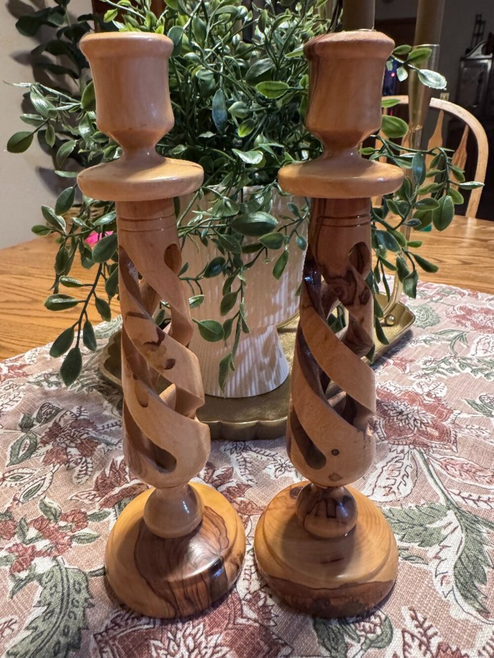 Pair of Vintage Olive Wood Candlesticks Hand Carved Open Twist Candle Holders